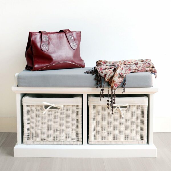 Tetbury Bench with 2 White Wicker Baskets and Grey Cushion- White