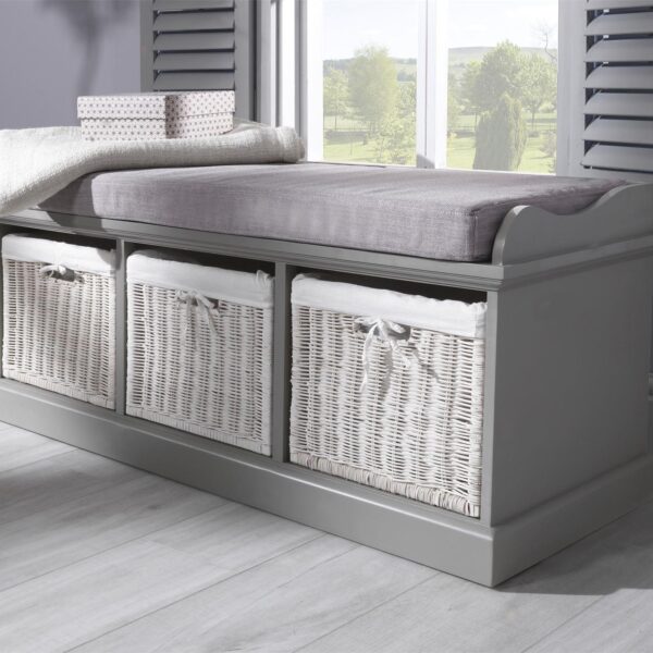 Tetbury Bench with 3 White Wicker Basket and Grey Cushion- Dove Grey