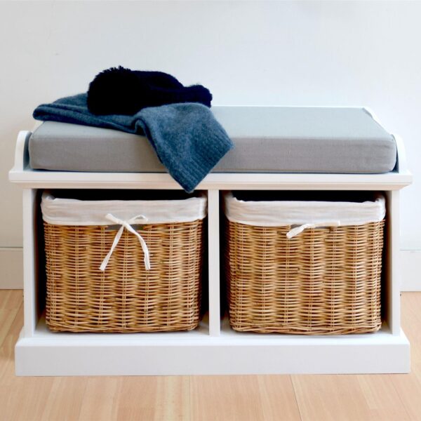 Tetbury Bench with 2 Natural Wicker Baskets and Grey Cushion- White