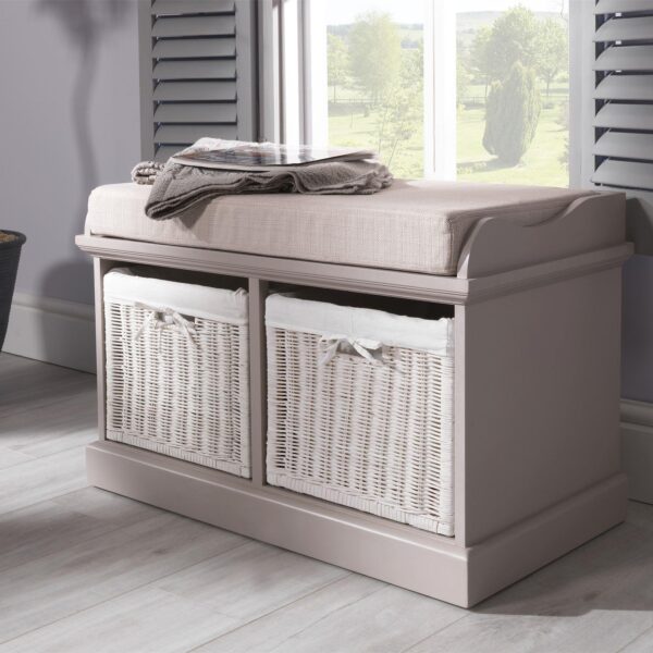Tetbury Bench with 2 White Wicker Basket and Cream Cushion- Truffle