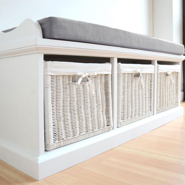 Tetbury Bench with 3 White Wicker Baskets and Grey Cushion- White