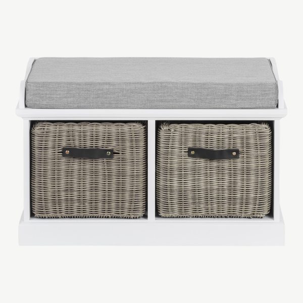 Tetbury Bench with 2 Grey Faux Rattan Baskets and Grey Cushion- White