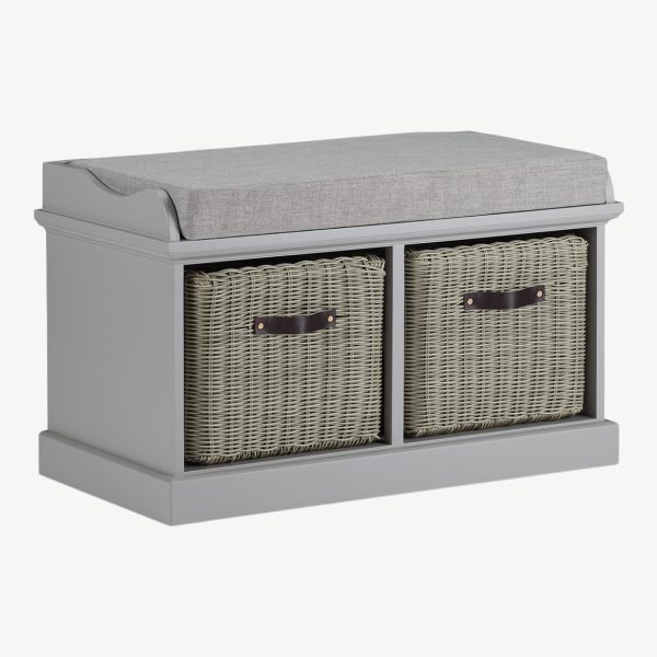 Tetbury Bench with 2 Grey Faux Rattan Baskets and Grey Cushion- Dove Grey
