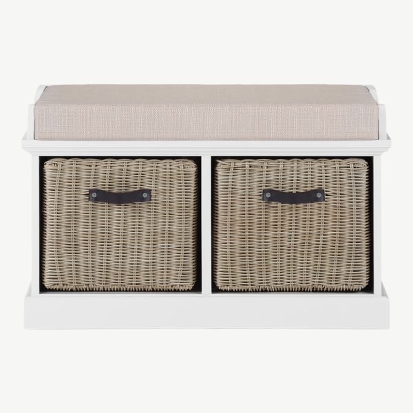 Tetbury Bench with 2 Brown Faux Rattan Baskets and Cream Cushion- White