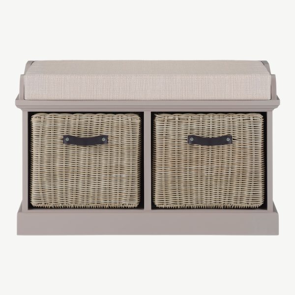 Tetbury Bench with 2 Brown Faux Rattan Baskets and Cream Cushion- Truffle