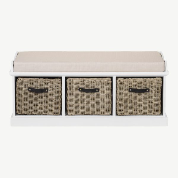 Tetbury Bench with 3 Brown Faux Rattan Baskets and Cream Cushion- White