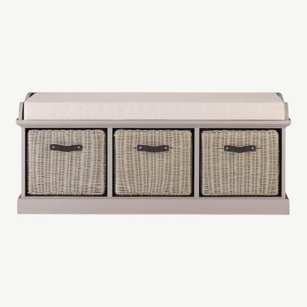 Tetbury Bench with 3 Brown Faux Rattan Baskets and Cream Cushion- Truffle