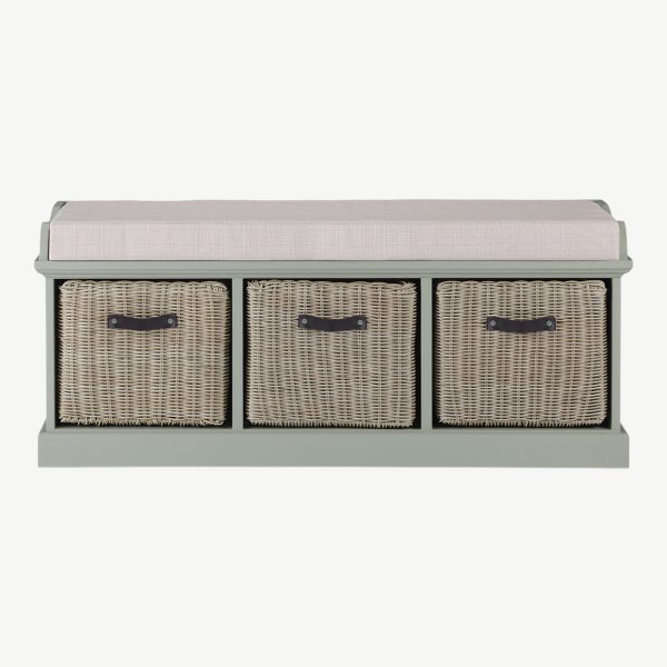 Tetbury Bench with 3 Brown Faux Rattan Baskets and Cream Cushion- Sage Green