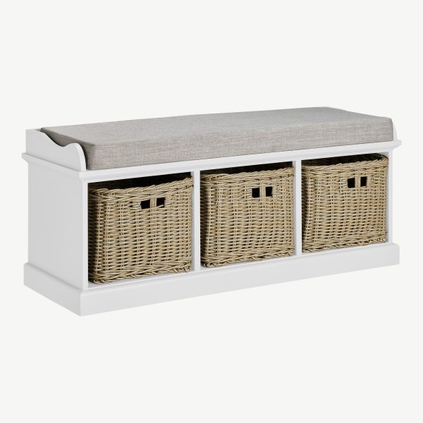 Tetbury Bench with 3 Brown Faux Wicker Baskets and Cream Cushion- White