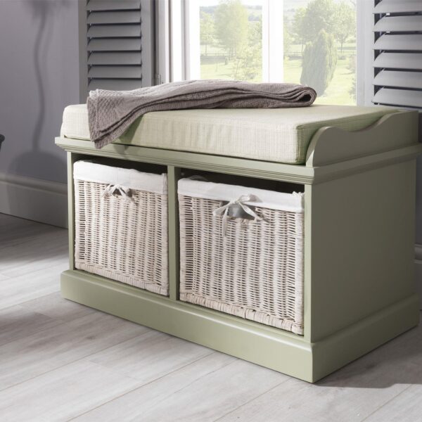 Tetbury Bench with 2 White Wicker Basket and Cream Cushion- Sage Green
