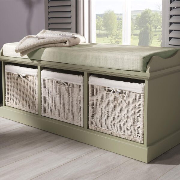 Tetbury Bench with 3 White Wicker Basket and Cream Cushion- Sage Green